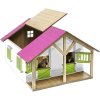 Kids Globe Drevená stodola so stajňami pre kone s ružovou strechou 1:24