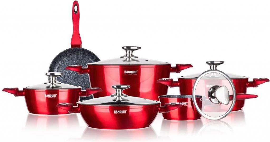 BANQUET Sada nádobí s nepřilnavým povrchem METALLIC RED 11 ks