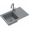 Dřez BEN 111, stříbrný kamenný granitový dřez, 70x44, s šedou baterií, pevným výtokem, šedým sifonem a šedým uzávěrem