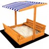 SAND TROPIC Drevené pieskovisko s lavičkami a strieškou 120x120cm (impregnované) modro-biele