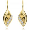 Šperky eshop - Náušnice v žltom 14K zlate - lesklý zvlnený list s líniou čírych zirkónikov S3GG210.07