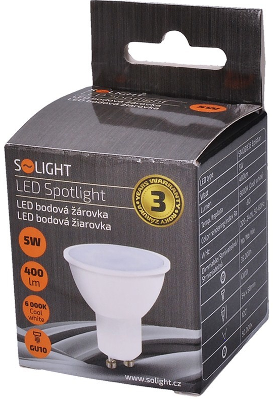 Solight LED žiarovka , bodová , 5W, GU10, 6000K, 400lm, biela