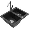 Mexen Carlos, 1,5-komorový granitový drez 582x475x177 mm a drezová batéria Flora, čierna-strieborná metalíza, 6518-73-670401-00