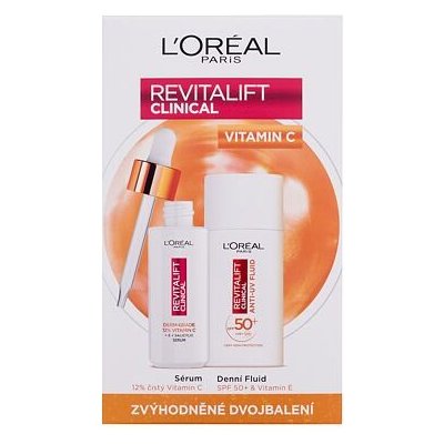 L'Oréal Paris Revitalift Clinical Pure 12% Vitamin C dárková sada: pleťové sérum Revitalift Clinical Vitamin C Serum 30 ml + denní pleťový krém Revitalift Clinical Vitamin C Anti-UV Fluid SPF50 50 ml