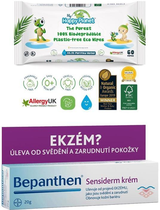 Bepanthen Sansiderm proti ekzému 20 g + obrúsky Happy Planet 100% BIO darčeková sada