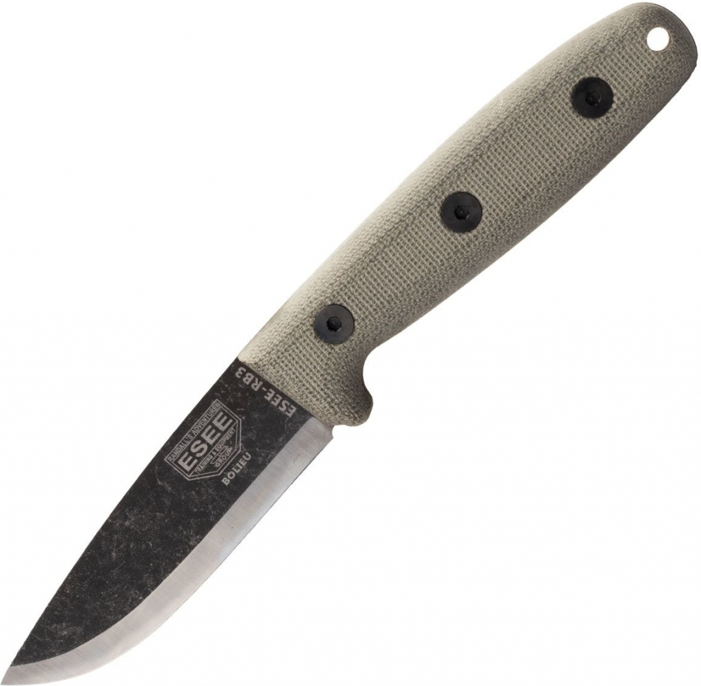 ESEE Knives RB3-BO Bolieu Camp-Lore, scandi grind, leather sheath, Rueben Bolieu design