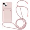 AppleKing silikónový kryt so šnúrkou a kapsou na karty pre iPhone 14 - ružový - možnosť vrátiť tovar ZADARMO do 30tich dní