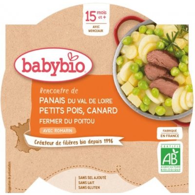 BABYBIO Paštrnák s hráškom a farmárskou kačicou (260 g) - mäsovo-zeleninový príkrm