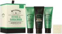 Scottish Fine Soaps Vetiver and Sandalwood krém na holenie 75 ml + pleťový peeling pred holením 75 ml + balzam po holení 75 ml + mydlo 40 g darčeková sada