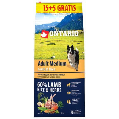 Ontario granuly Adult Medium jahňa a ryža 15+5 kg zdarma