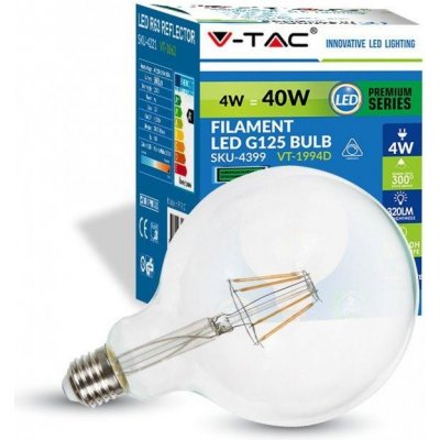 V-TAC LED žiarovka E27 G125 4W teplá biela filament frost stmievateľná
