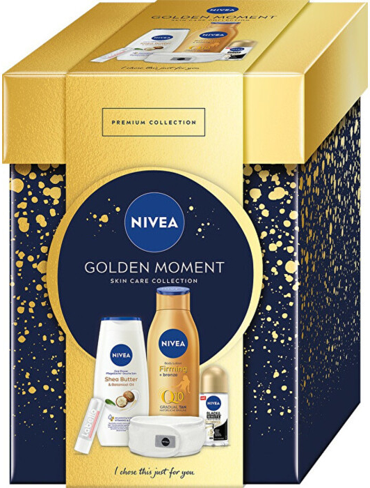 Nivea Golden Moment Dámska darčeková sada v boxe 400 ml telové mlieko + 250 ml sprchový gél + 50 ml guľôčkový antiperspirant + 5 ml balzam na pery + čelenka