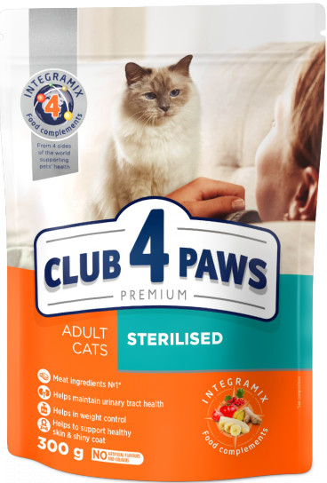 CLUB 4 PAWS Premium Sterilised. For adult Sterilised cats 300 g