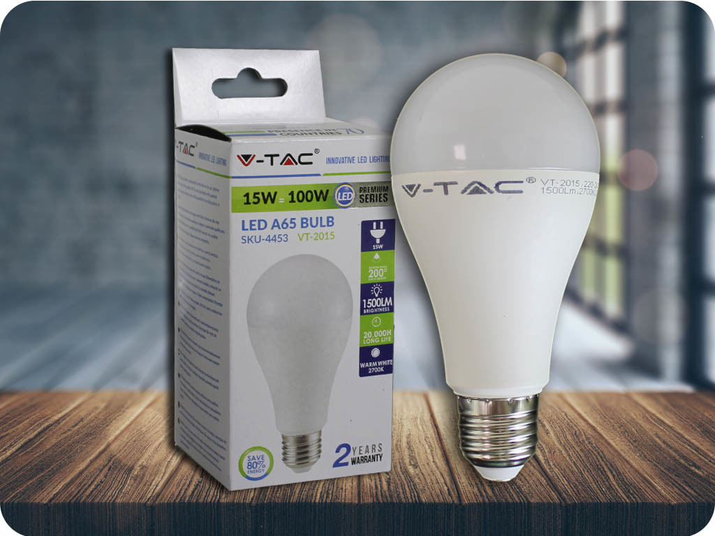 V-TAC LED žiarovka , 15W, A65, E27, teplá biela 4453