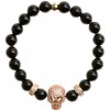Korálkový náramok Glosery Lebka a stopery so zirkónmi, lesklý čierny achát 8mm Farba: ružovo-zlatá, Obvod zápästia: XS 15 cm