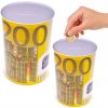 Kovová pokladnička v tvare plechovky s motívom bankovky 200 Euro