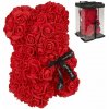 Medvedík z ruží v darčekovej krabičke 25cm - červený symbol lásky