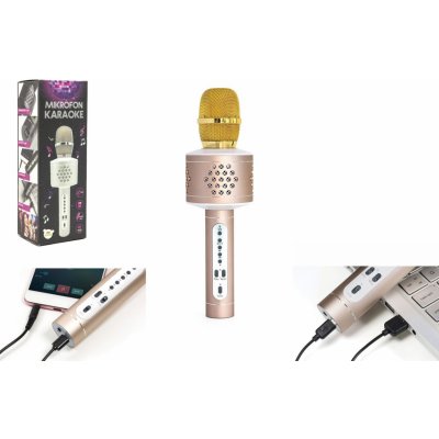 Mikrofón karaoke Bluetooth zlatý na batérie s USB káblom v krabici