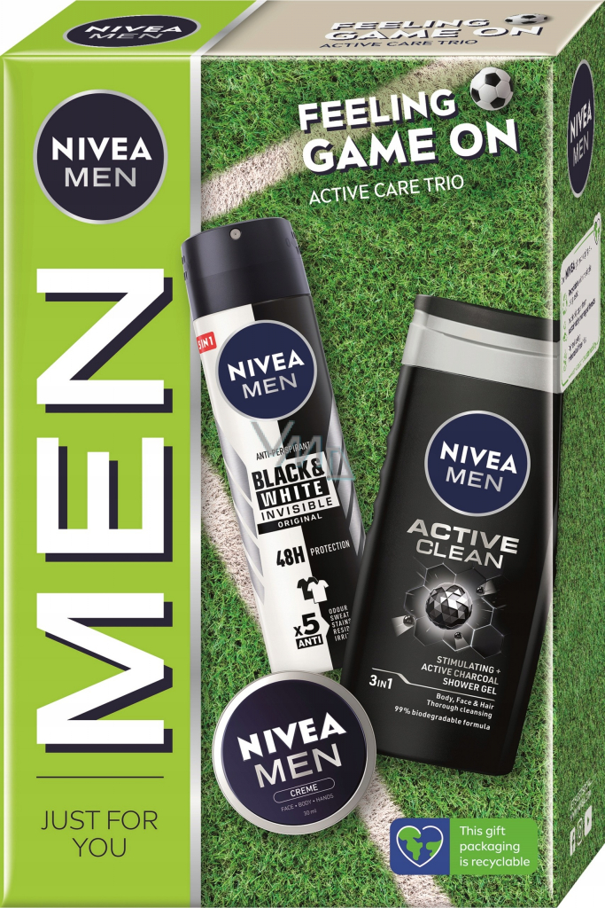 Nivea Men Black & White antiperspirant v spreji 150 ml + Active Clean sprchový gél na tvár a telo 250 ml + Creme krém na tvár a telo 30 ml