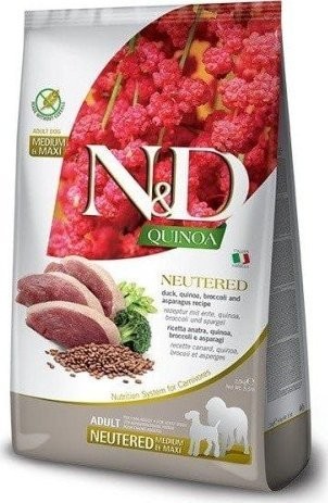 N & D Quinoa Dog Neutere Adult Mini pre kastrované psy kačica brokolica a špargľa 2,5 kg