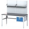 Alfa 3 Nastaviteľný dielenský stôl MECHANIC II s perfopanelom a policami, 2 zásuvkový box na náradie, 1600x700x745-985 mm, sivá/modrá
