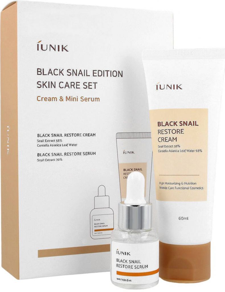iUnik Black Snail regeneračný a hydratačný krém s extraktom zo slimáka 60 ml + protivráskové a regeneračné sérum 15 ml darčeková sada