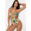 Trendyol kvetinové vzorované plavky s vysokými nohami bez ramienok šedá zelená krémová