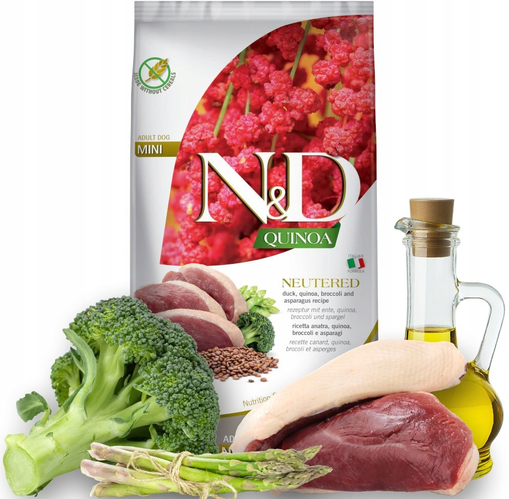 N&D dog Quinoa GF Adult mini, neutered, duck, broccoli & asparagus 0,8 kg