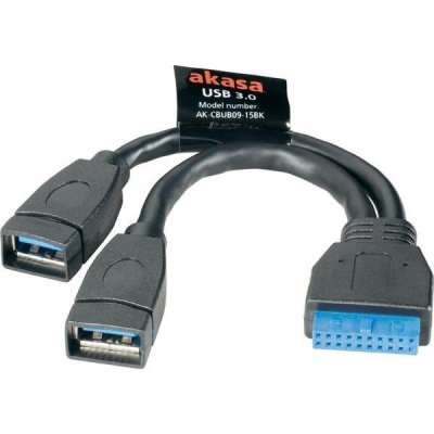 AKASA interní USB kabel USB 3.0 19pin na 2 x USB3.0 Typ-A(F) / AK-CBUB09-15BK / 15cm AK-CBUB09-15BK