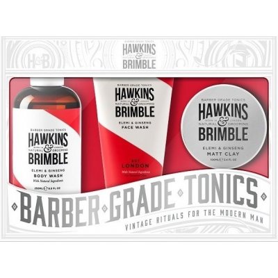 Hawkins & Brimble Men sprchový gél 250 ml + zmatňujúci pomáda na vlasy 100 ml + umývací gél na tvár 150 ml darčeková sada