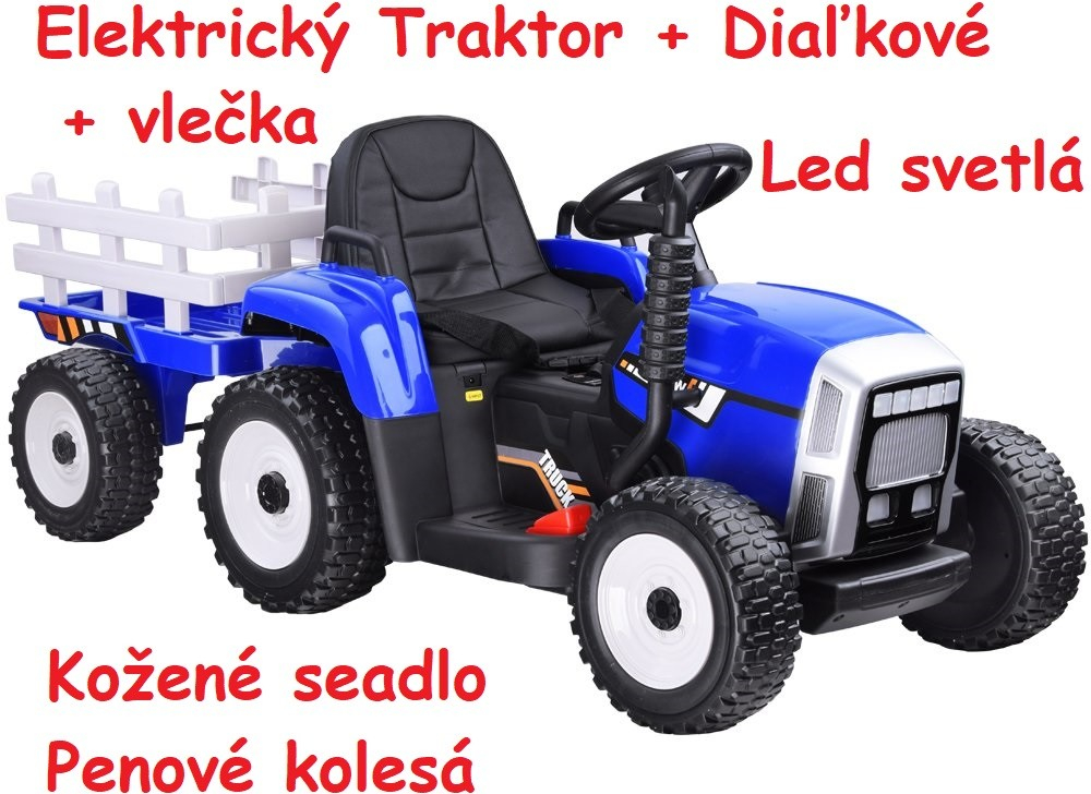 Joko elektrický traktor s vlečkou na drevo Blow penové kolesá kožené sedadlo led svetlá USB MP3 modrá