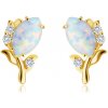 Šperky eshop - Diamantové náušnice zo 14K žltého zlata - kvet s bielym syntetickým opálom, brilianty S3BT506.84