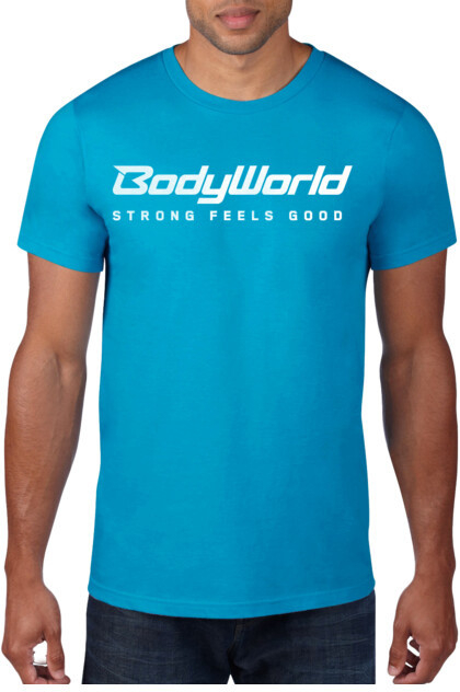 BodyWorld pánske tričko Strong Feels Good biele logo modré