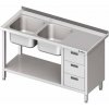 Stůl s dvoukomorovým dřezem po levé straně s blokem tří zásuvek a policí 1900x600x850 mm | STALGAST, 981106190 inox
