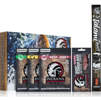 Indiana Jerky Gift Set Salami Snack sušené mäso 18 g + Jerky Turkey Original sušené mäso morčacie 25 g + Jerky Chicken Original sušené mäso kuracie 25 g + Jerky Beef Original sušené mäso hovädzie 25 g