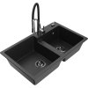 Mexen Tomas, 2-komorový granitový drez 800x500x190 mm a drezová batéria Aster, čierna-strieborná metalíza, 6516-73-73450-07-B