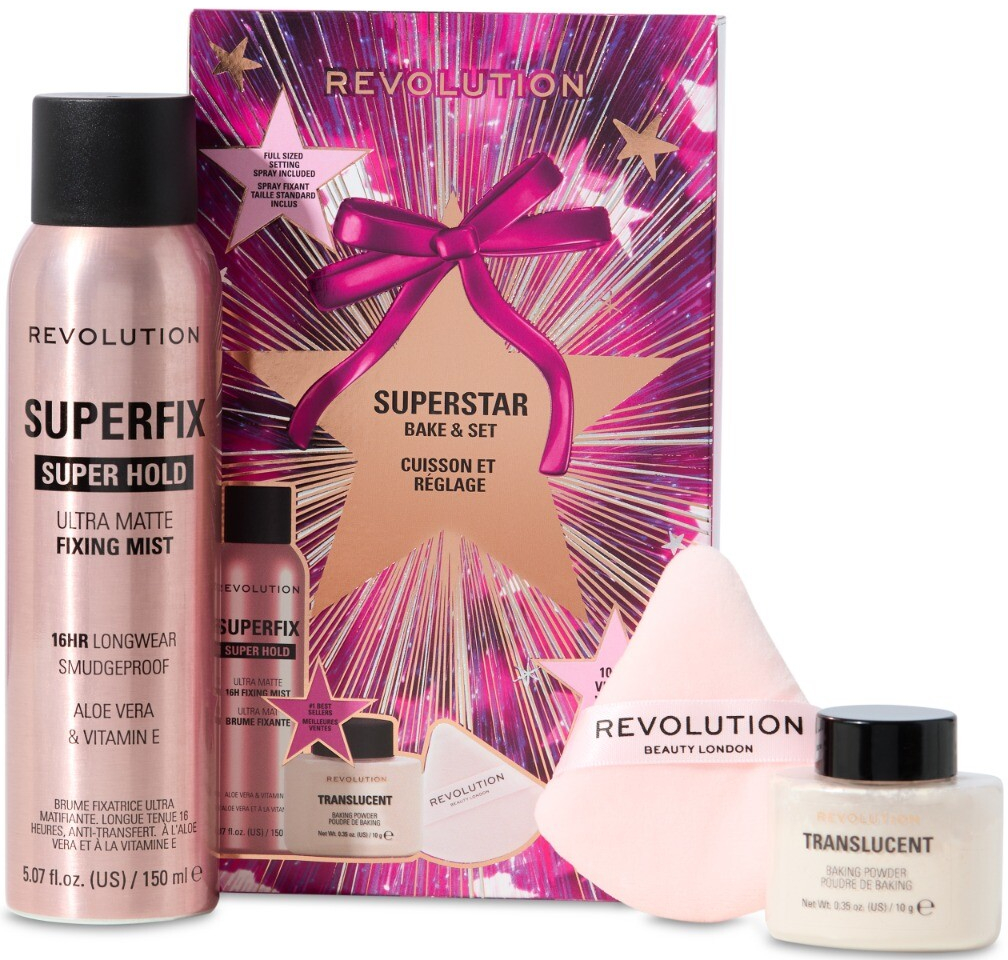 Makeup Revolution Xmas 2025 Superfix zmatňujúci fixačný sprej na makeup 150 ml + Makeup Revolution Baking Powder sypký púder 32 g + Makeup Revolution IRL Filter labutienka 1 ks