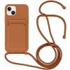 AppleKing silikónový kryt so šnúrkou a kapsou na karty pre iPhone 14 - hnedý - možnosť vrátiť tovar ZADARMO do 30tich dní