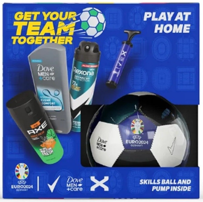 Rexona Euro 2024 Advanced Protection Invisible antiperspirant v spreji 150 ml + Axe Jungle Fresh dezodorant v spreji 150 ml + Dove Men +Care Clean Comfort sprchový gél 250 ml + futbalová