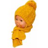 BABY NELLYS Zimná pletená čiapočka s šálom Baby Bear - horčicová s brmbolcami 62/68 (3-6m)