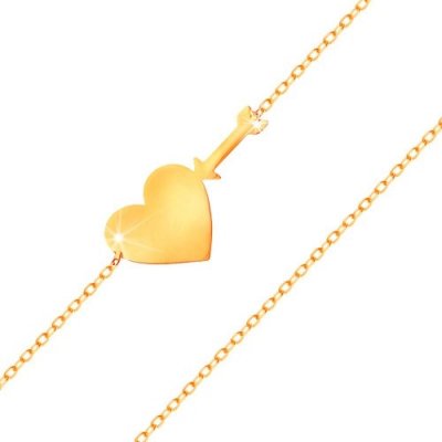 Šperky eshop - Náramok v žltom zlate 585 - tenká ligotavá retiazka, lesklé ploché srdce a šíp S2GG159.22