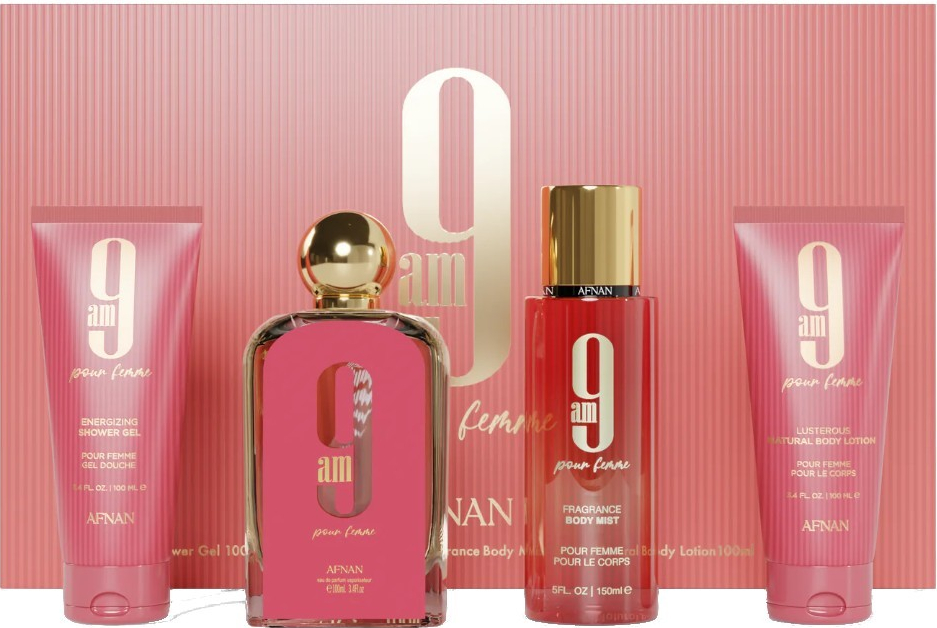 Afnan 9AM Pour Femme - EDP 100 ml + sprchový gel 100 ml + tělový závoj 150 ml + tělové mléko 100 ml