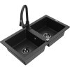 Mexen Mario, 2-komorový granitový drez 820x436x161 mm a drezová batéria Elia, čierna-strieborná metalíza, 6504-73-670101-70-B