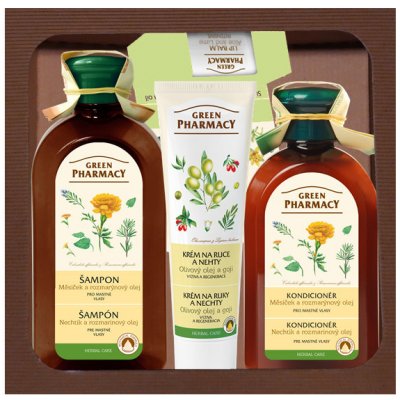Green Pharmacy Herbal Care šampón pre mastné vlasy 350 ml + čistiaci kondicionér pre mastné vlasy 300 ml + krém na ruky a nechty 100 ml + balzam na pery SPF 10 3,6 g darčeková sada