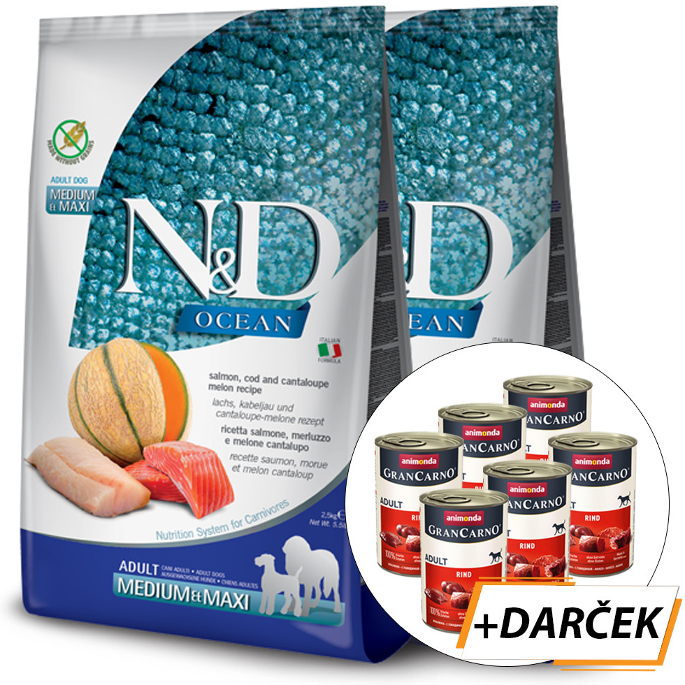 N&D dog Ocean Adult Medium & maxi, salmon, cod & cantaloupe melon 2 x 12 kg