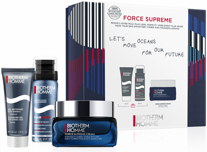 Biotherm Homme Force Supreme pleťový krém Force Supreme Cream 50 ml + čisticí pleťový gel Cleansing Gel 40 ml + pěna na holení Foam Shaver 50 ml darčeková sada