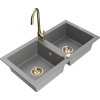 Mexen Mario, 2-komorový granitový drez 820x436x161 mm a zlatá lesklá drezová batéria Telma, šedá, 6504-71-670200-50