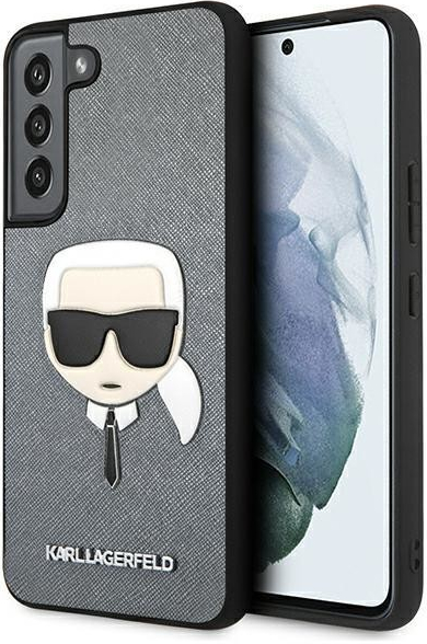 Púzdro Karl Lagerfeld hard silikónové Samsung Galaxy S22 PLUS 5G strieborné Saffiano Ikonik Karl`s Head