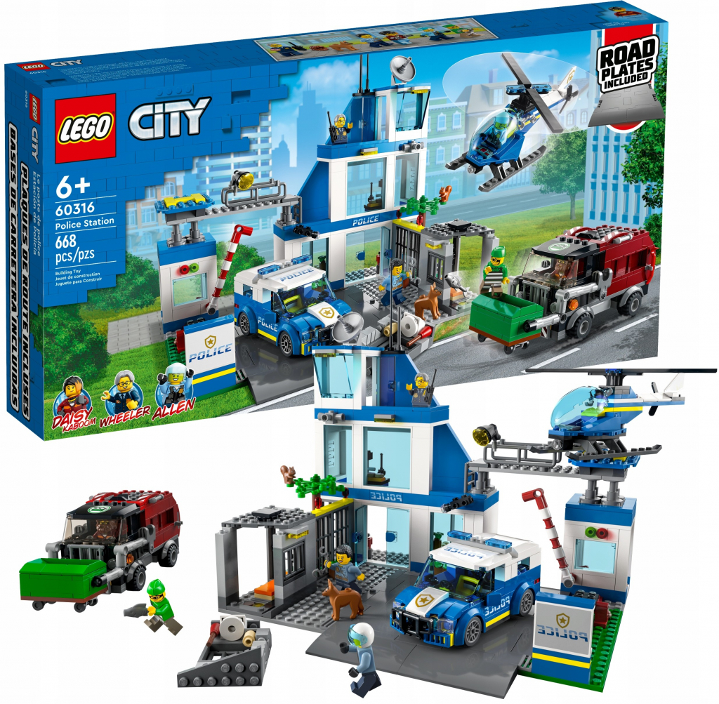 LEGO® City 60316 Policajná stanica – detail vyšetrovania s policajným vozidlom a arénou pre hrdinské dobrodružstvá.