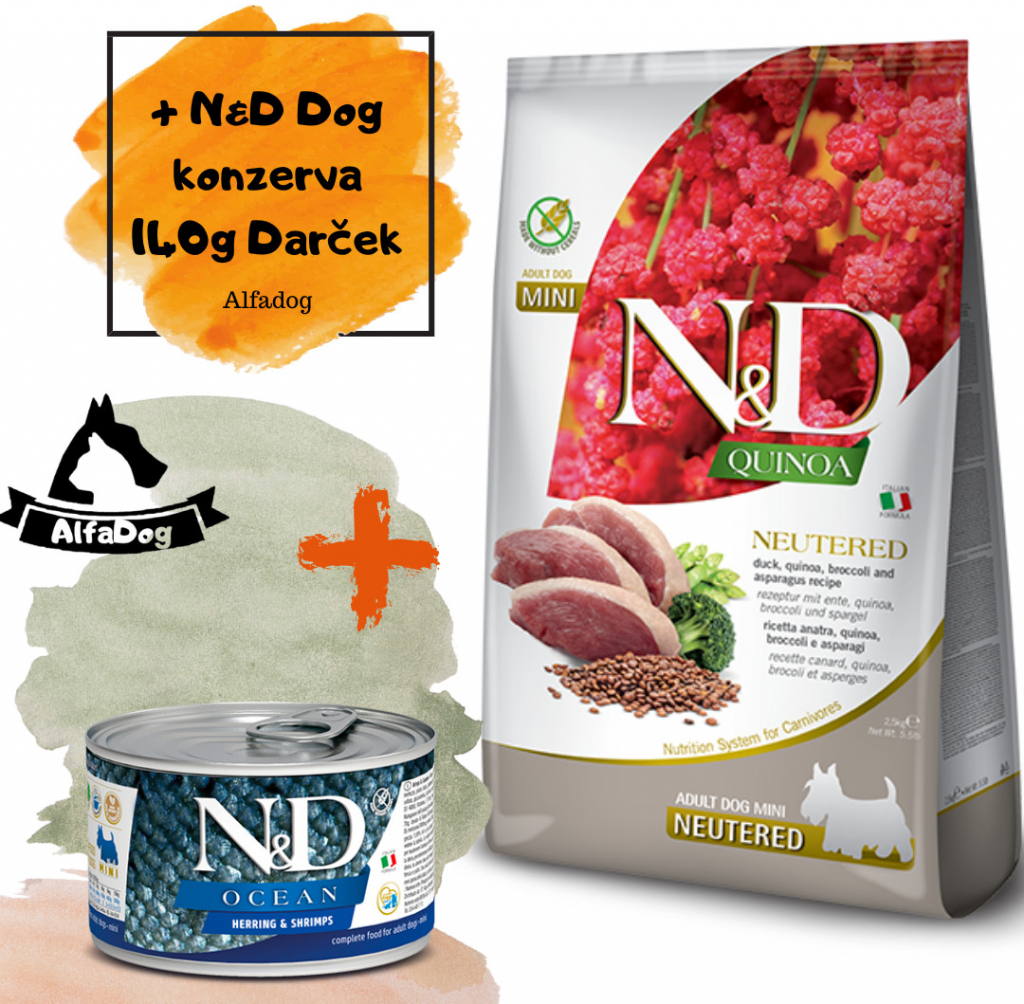 N&D dog Quinoa GF Adult mini, neutered, duck, broccoli & asparagus 7 kg